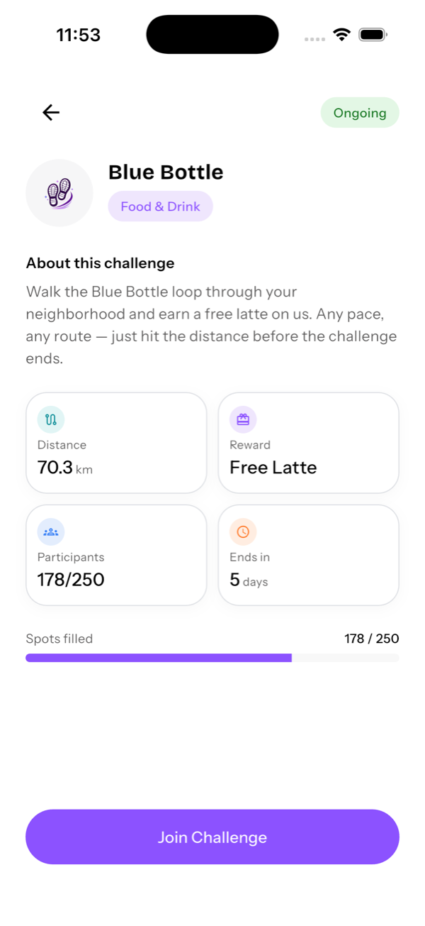 Challenge detail screen showing distance, reward, and a join button for a sample sponsored walk