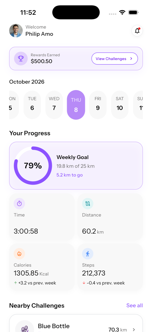 Home dashboard with a weekly walking goal ring, daily stats, and nearby challenges