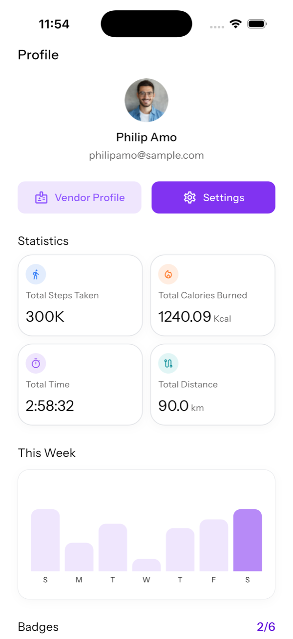 Walkable profile screen with a Vendor Profile button next to Settings