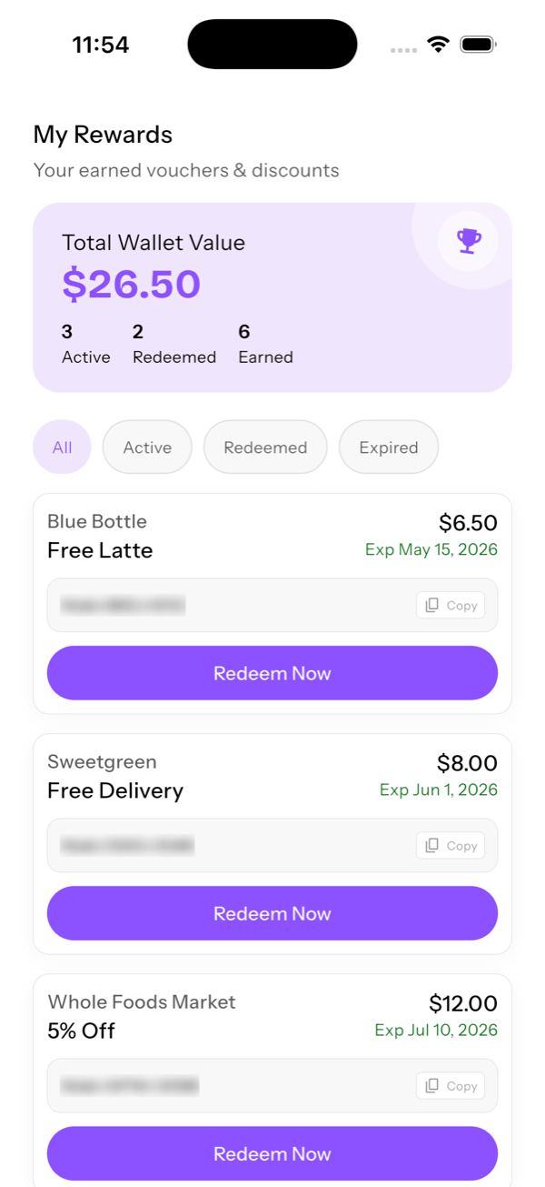 Rewards wallet listing sample active, redeemed, and expired vouchers